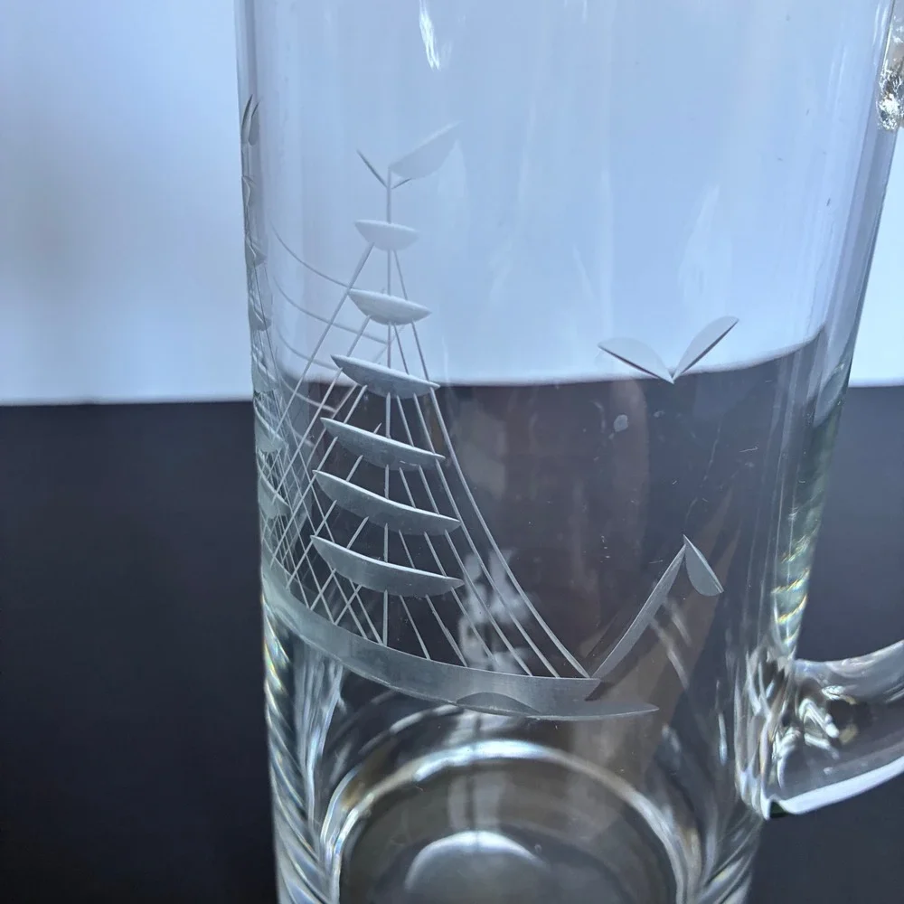 MidCentury Glass Pitcher Etched Sailboat Nautical Coastal Barware Maritime Beach